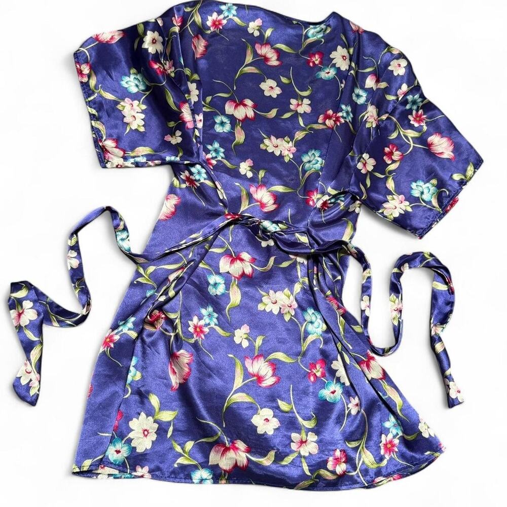 Vintage 80s Vassarette Satin Floral Kimono Robe Belted Lounge Sleepwear